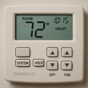 Close-up of a digital thermostat showing settings